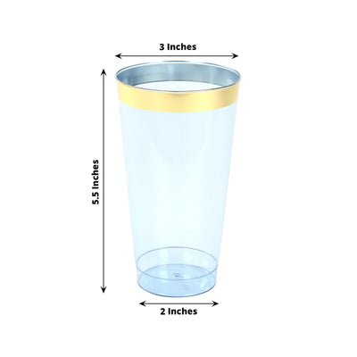 12-Pack Plastic Party Cups Transparent Dusty Blue with Gold Rim - Durable Disposable Tumblers for Drinks 17oz 5.5’’