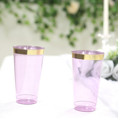12-Pack Plastic Party Cups Transparent Purple with Gold Rim - Durable Disposable Tumblers for Drinks 17oz 5.5’’