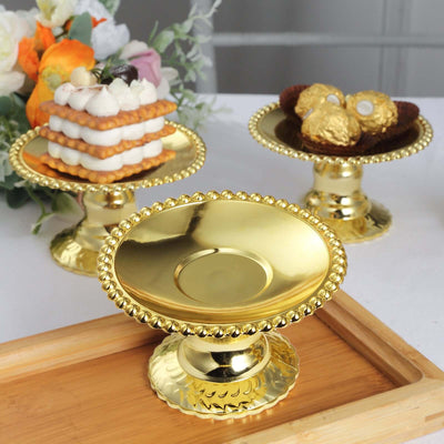 12-Pack Plastic Pedestal Cupcake Plates Mini Gold Mirror Finish Beaded Rim - Great for Displays 5"