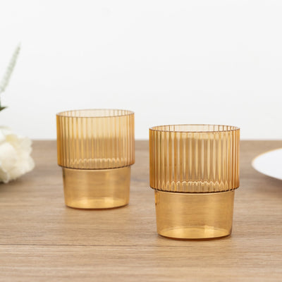 12-Pack Plastic Short Drinking Glasses Amber Gold Ribbed Pattern Stackable - Reusable Tumblers 7oz - Drinkware