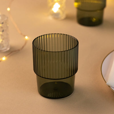 12-Pack Plastic Short Drinking Glasses Hunter Emerald Green Ribbed Pattern Stackable - Reusable Tumblers 7oz - Drinkware