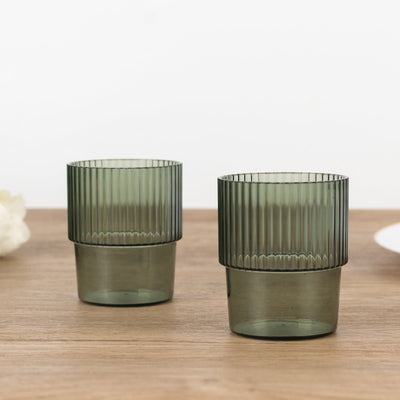12-Pack Plastic Short Drinking Glasses Hunter Emerald Green Ribbed Pattern Stackable - Reusable Tumblers 7oz - Drinkware