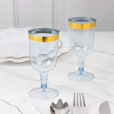 12 Pack Plastic Short Stem Wine Glasses Transparent Dusty Blue/Gold Rim - Stylish Disposable Drinkware 6oz - Disposables
