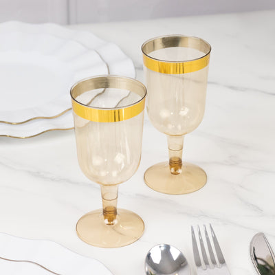 12 Pack Plastic Short Stem Wine Glasses Transparent Gold/Gold Rim - Stylish Disposable Drinkware 6oz - Disposables