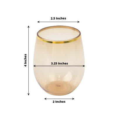 12-Pack Plastic Wine Tumblers Transparent Amber with Gold Rim - Reusable Drinkware 12oz - Drinkware