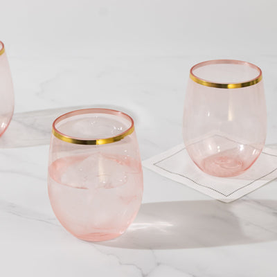12-Pack Plastic Wine Tumblers Transparent Blush with Gold Rim - Reusable Drinkware 12oz - Drinkware