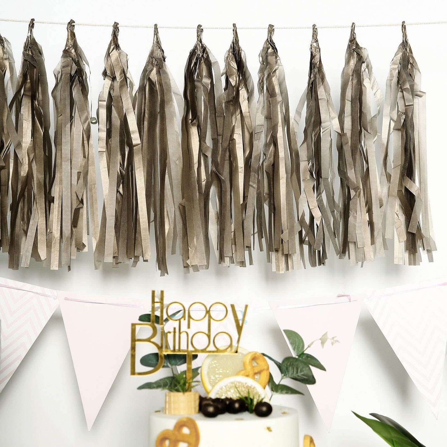 12 Pack Pre-Tied Antique Gold Paper Fringe Tassels With Garland String, Hanging Streamer Banner