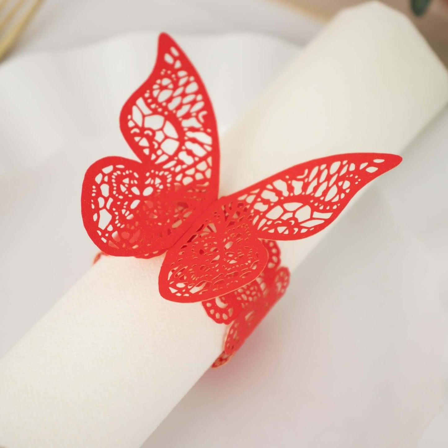 12-Pack Paper Napkin Rings Laser Cut Butterfly Red Shimmery - Decorative Serviette Holders