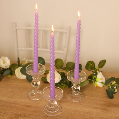 12-Pack Taper Candles Spiral Long Burn Wick Design Lavender Lilac - Premium Unscented Wax Dinner Candle Sticks 11’’
