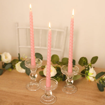 12-Pack Taper Candles Spiral Long Burn Wick Design Pink - Premium Unscented Wax Dinner Candle Sticks 11’’ - Decorations