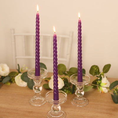 12-Pack Taper Candles Spiral Long Burn Wick Design Purple - Premium Unscented Wax Dinner Candle Sticks 11’’