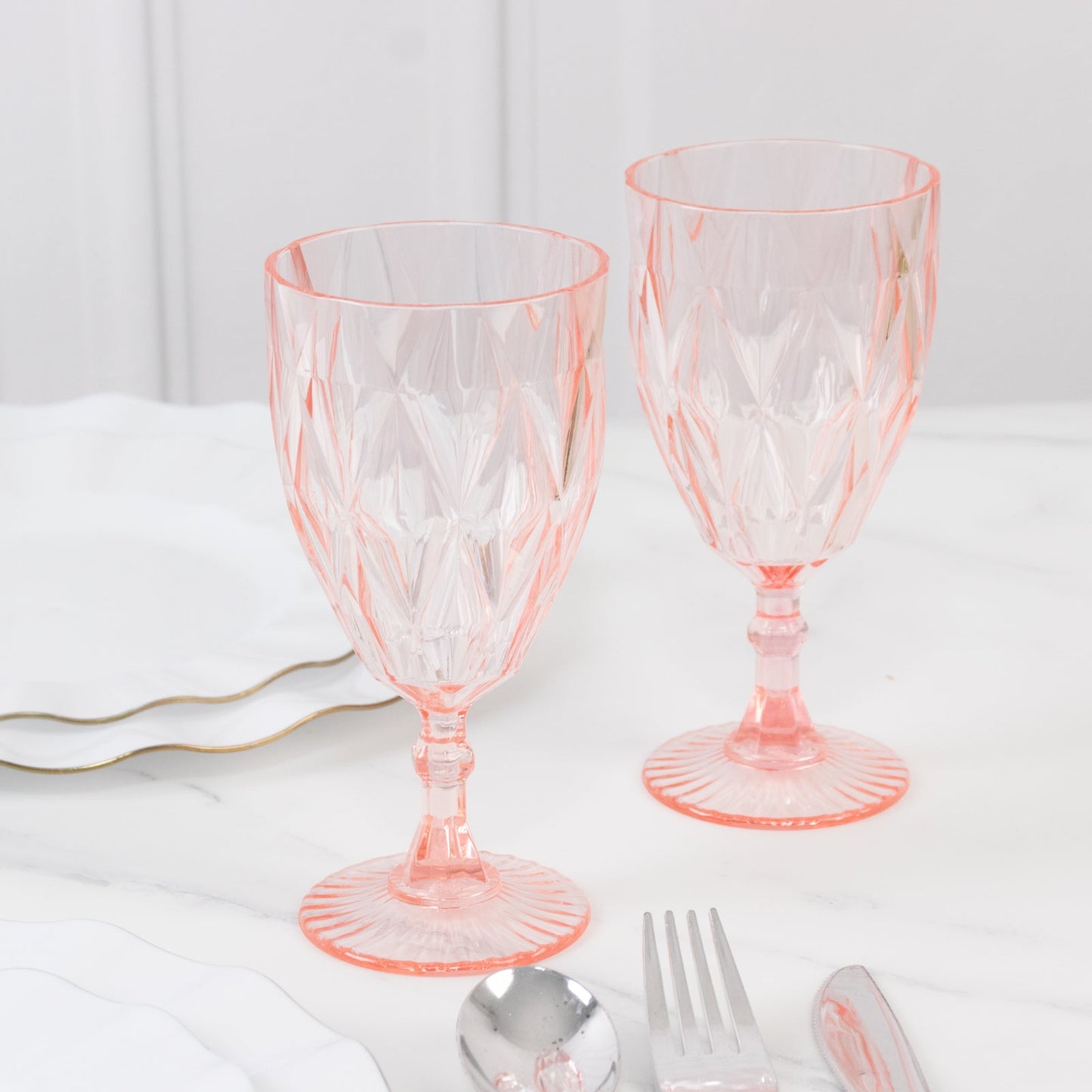 12 Pack Vintage Diamond Cut Plastic Goblets â€“ Blush 11oz Reusable Wine & Beverage Glasses - Drinkware