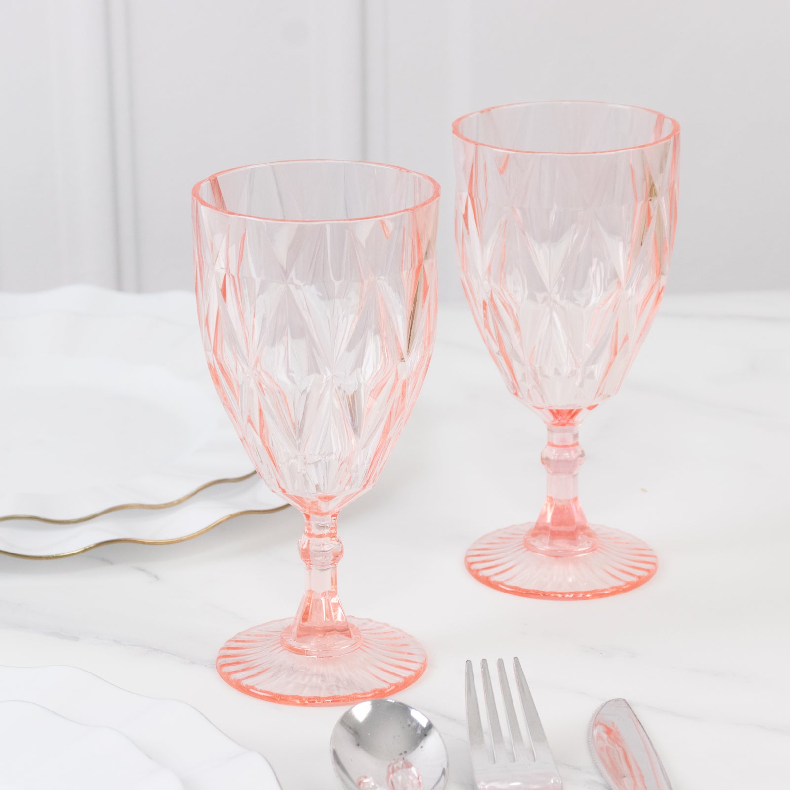 12 Pack Vintage Diamond Cut Plastic Goblets â€“ Blush 11oz Reusable Wine & Beverage Glasses - Drinkware