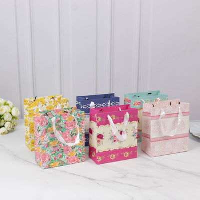 12-Pack Favor Bags Mixed Vintage Floral Tea Party â€“ Paper Gift Bags with Ribbon Handles - Elegant Goodie Bags - 6"x7"x3"