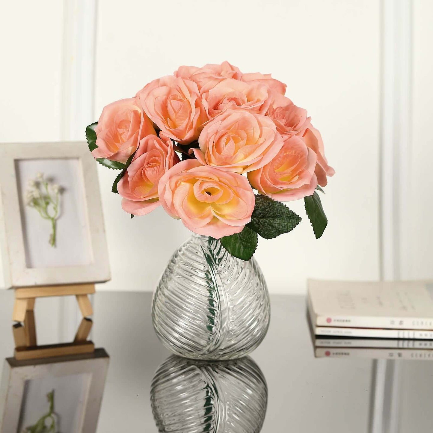 12" Peach Artificial Velvet-Like Fabric Rose Flower Bouquet Bush