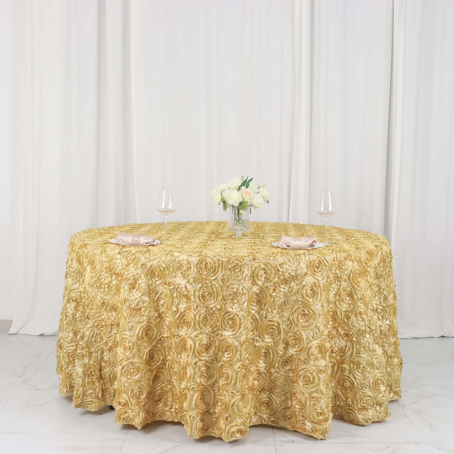 Satin 120" Round Tablecloth Champagne - Grandiose 3D Rosette with Seamless Finish Table Cover