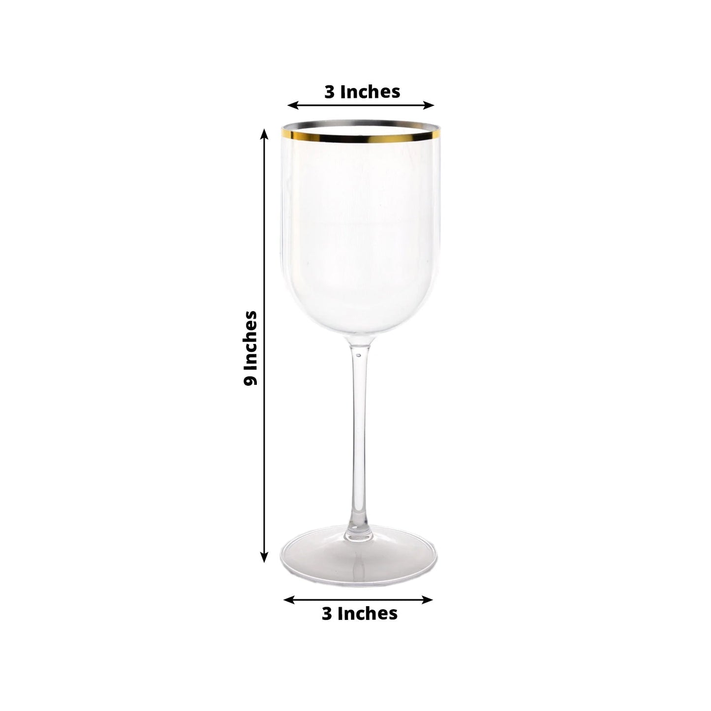 12-Pack 12oz Clear Plastic Wine Goblets with Gold Rim, Premium Disposable Long Stem Glassware - 9"