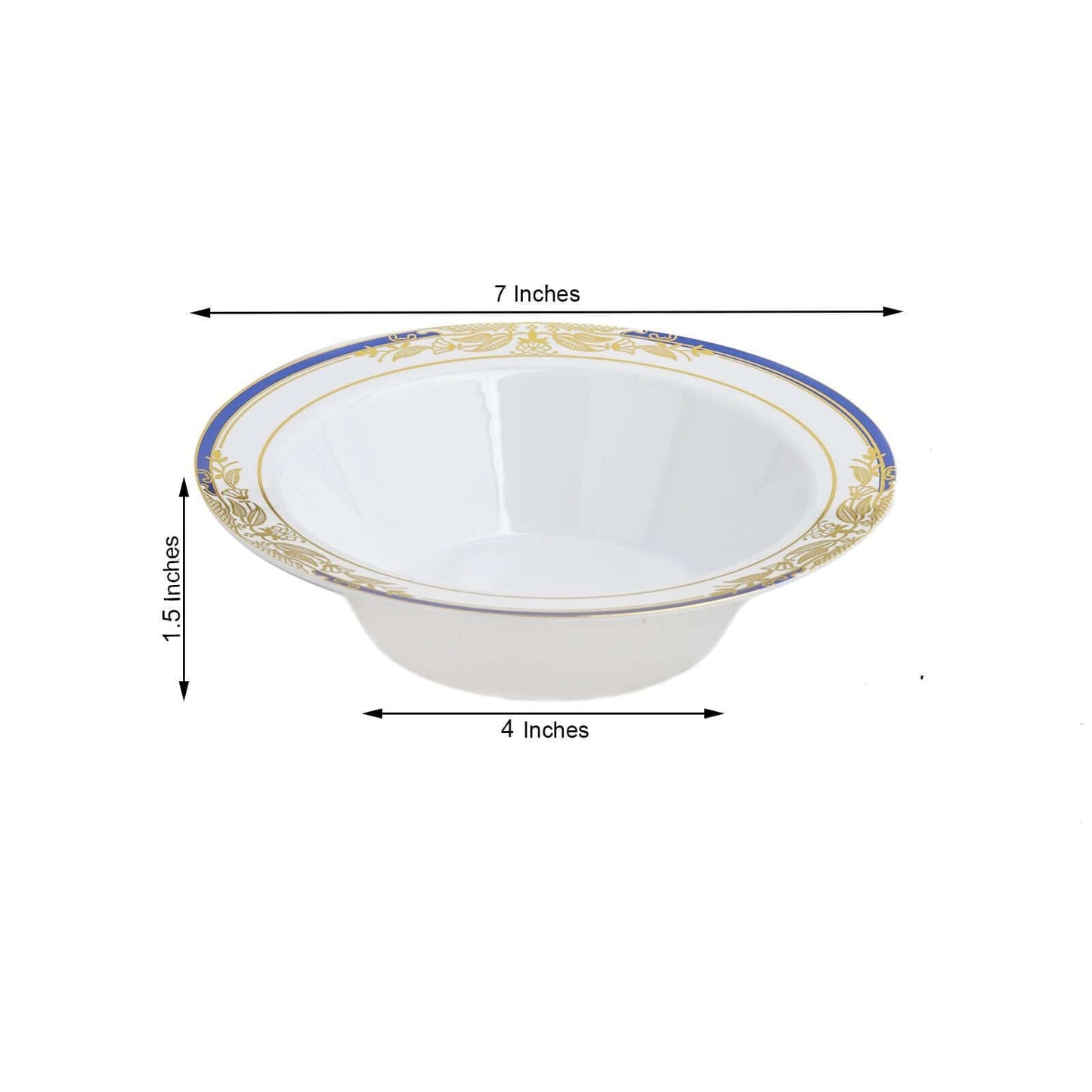 10-Pack Plastic Round Soup Bowl in White with Gold Vine & Royal Blue Rim - Sturdy Disposable Salad Dessert Bowls for Catering & Events 12oz