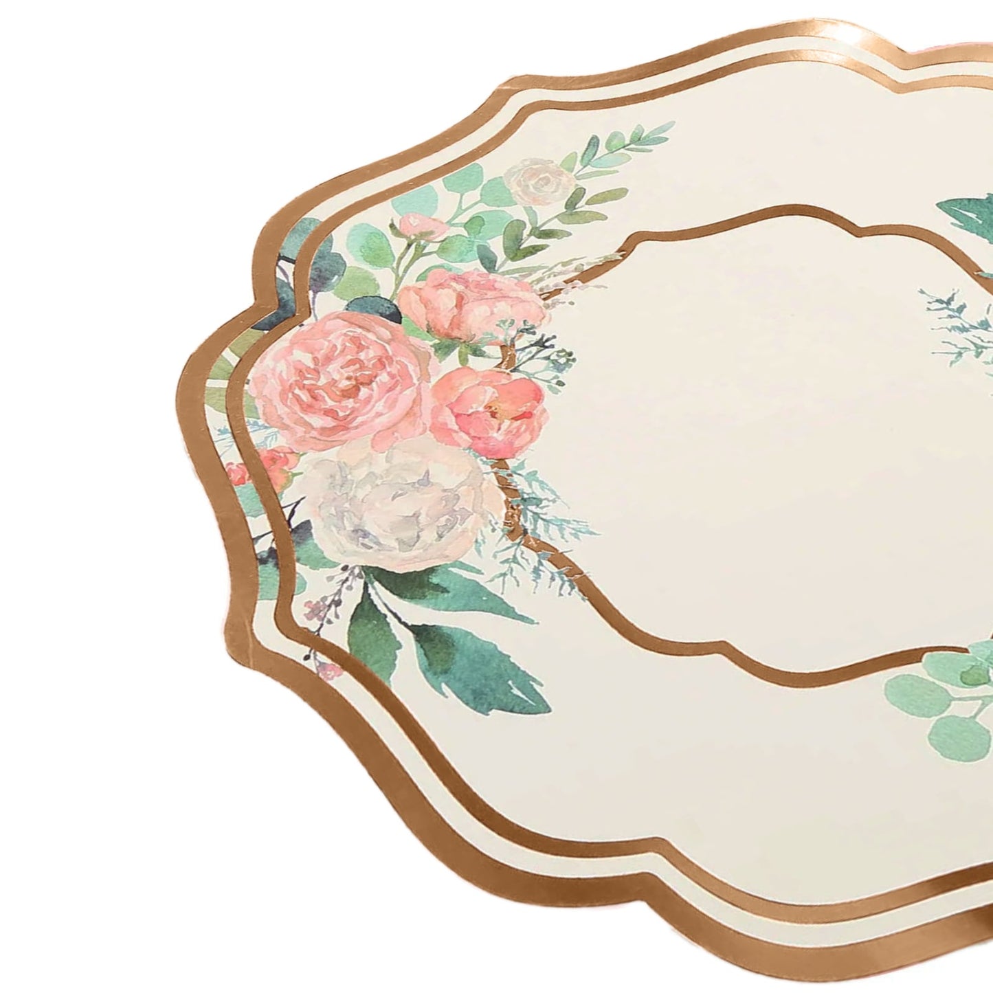 10-Pack Disposable Table Placemats in White with Peony Flowers Print & Rose Gold 13"