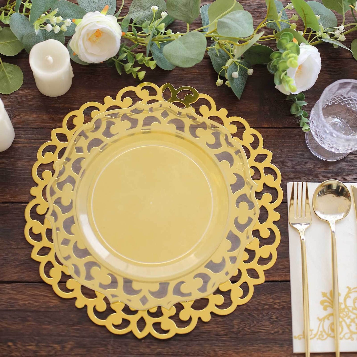 6-Pack Disposable Table Placemats in Metallic Gold with Laser Cut Floral Rim - 400GSM Cardboard Placemats for Glamorous Table Settings 13"