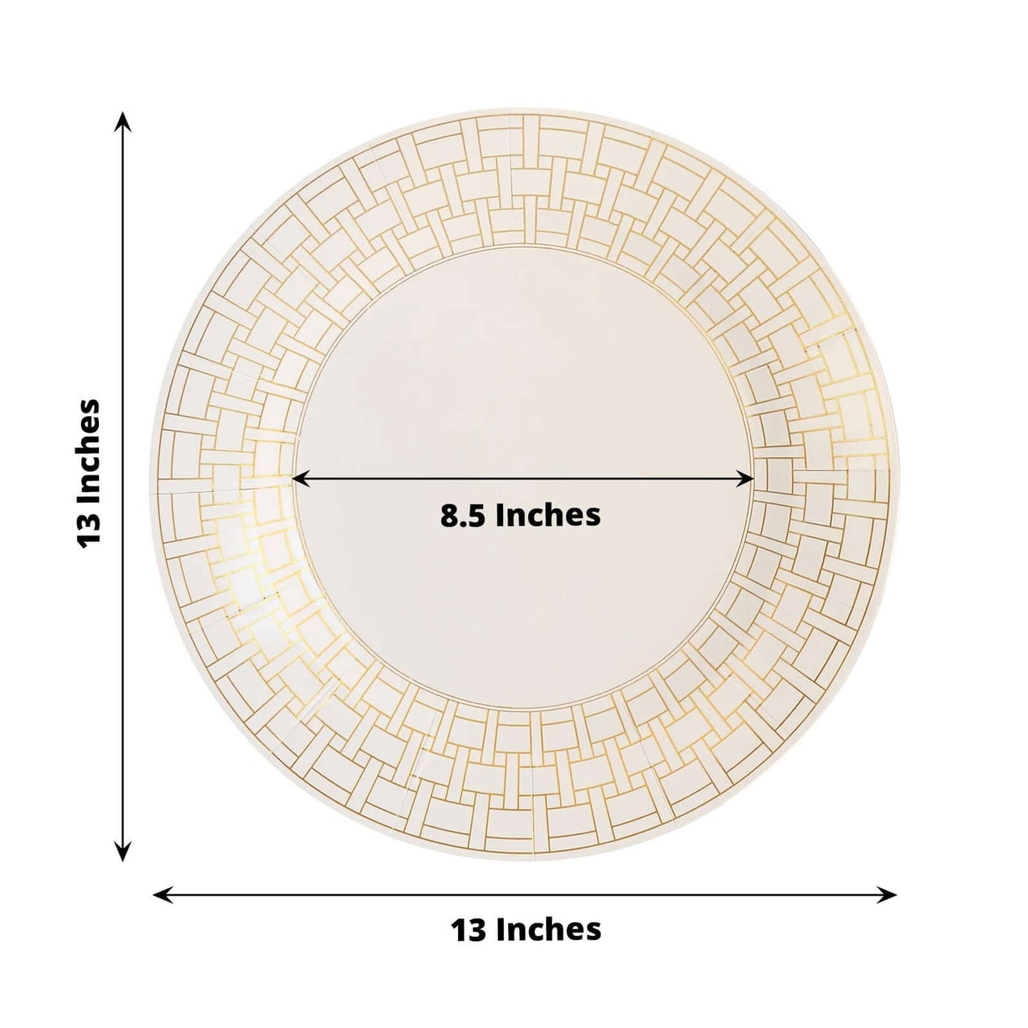 10-Pack Cardstock Paper Charger Plates in White with Gold Basketweave Pattern Rim - 650GSM Cardboard Placemats for Weddings & Banquets 13"