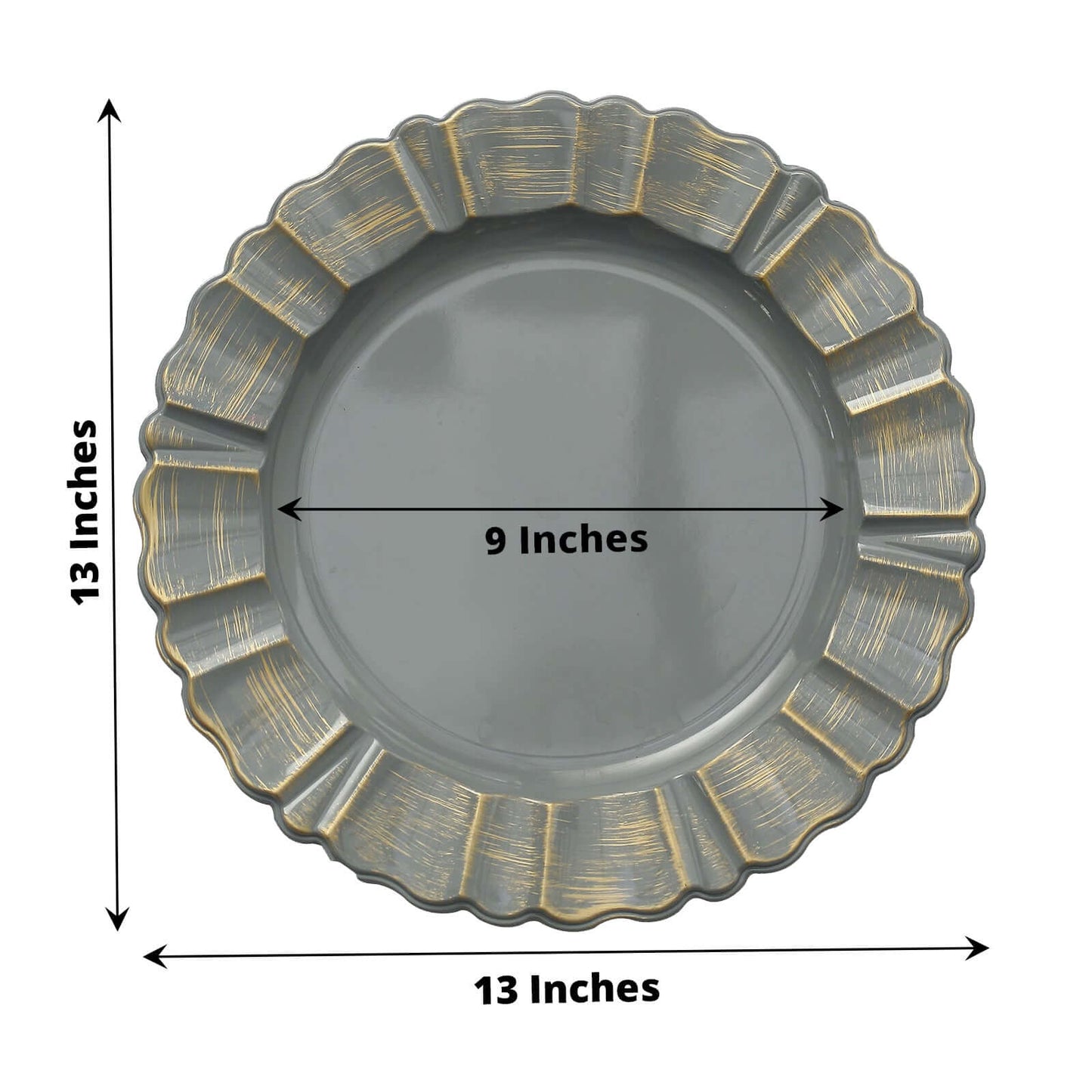 6-Pack Acrylic Plastic Round Charger Plates 13" in Charcoal Gray with Gold Brushed Wavy Scalloped Rim, Decorative Dinner Party Charger Tableware