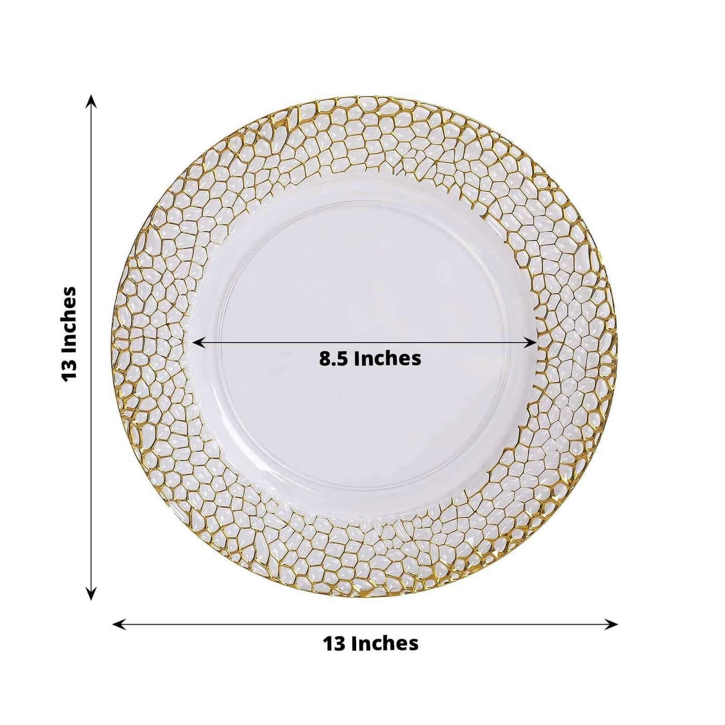 6-Pack Acrylic Round Charger Plates 13" in Clear with Gold Hammered Rim, Decorative Plastic Charger Tableware