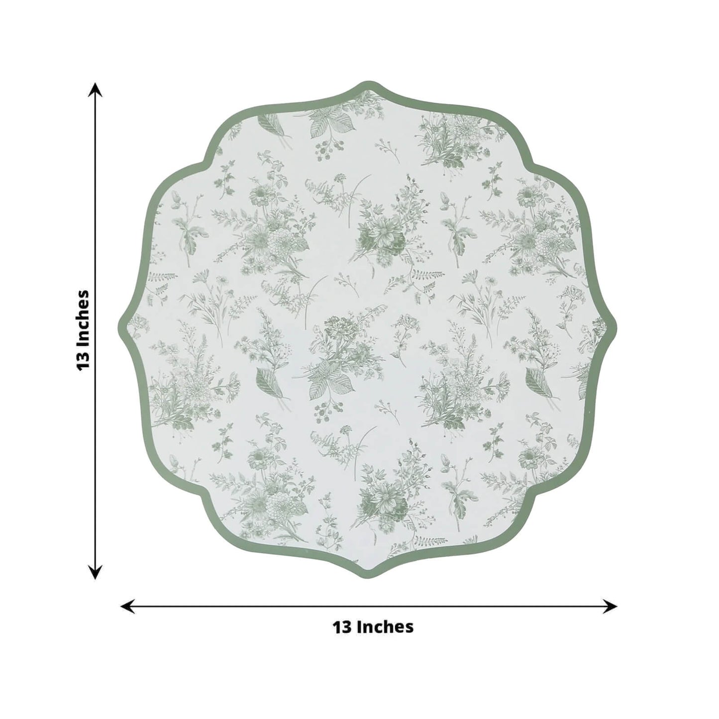 10 Pack Disposable Charger Plates White with Sage Green French Toile Pattern, 13" Cardboard Paper Placemats with Scalloped Rim