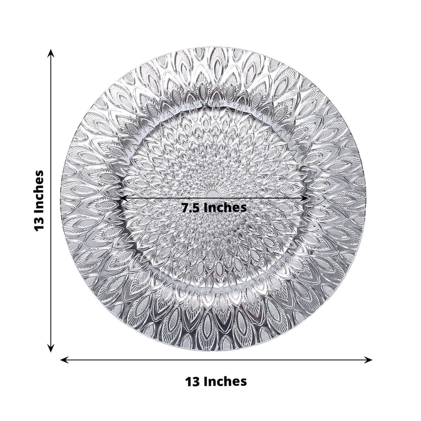 6-Pack Plastic Round Charger Plates 13" in Silver with Embossed Peacock Pattern, Stylish Disposable Charger Tableware