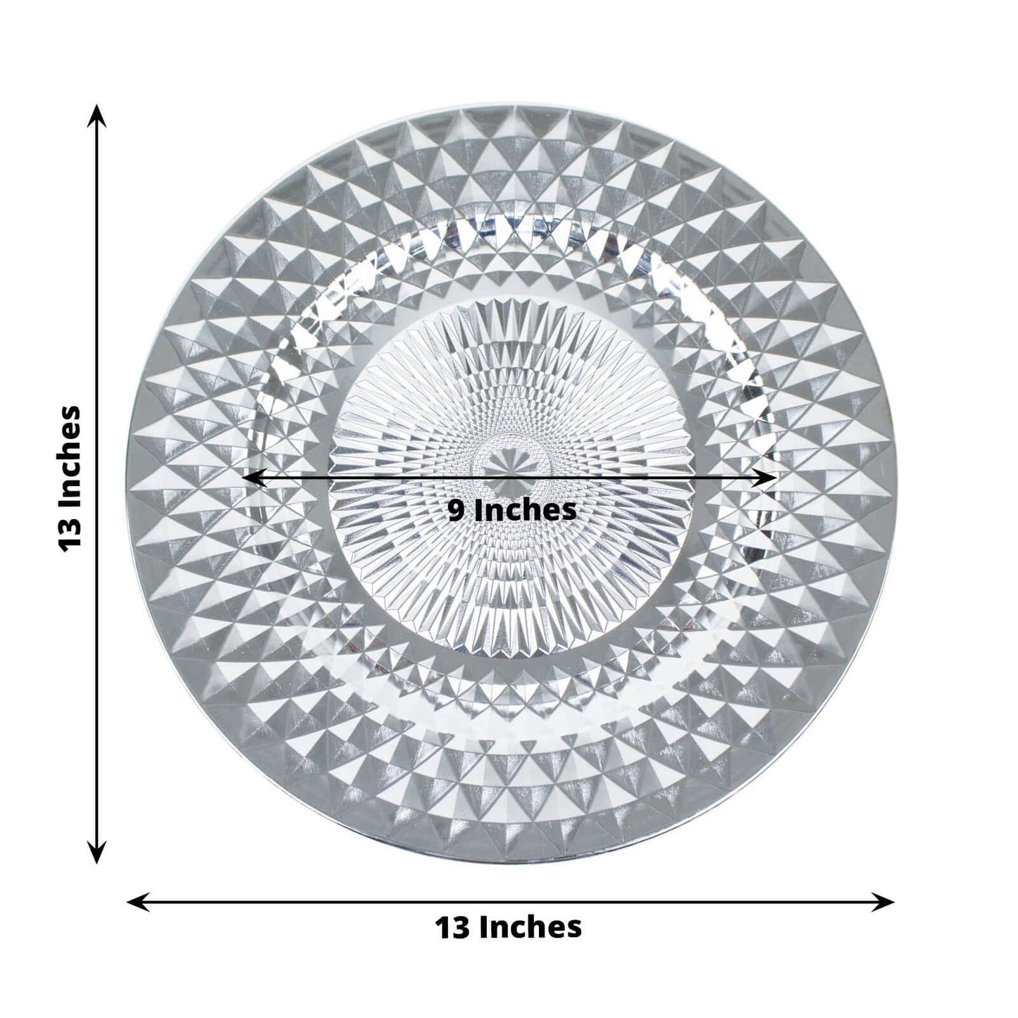 6-Pack Plastic Round Charger Plates 13" in Silver with Diamond Pattern, Sparkling Disposable Dinner Charger Tableware