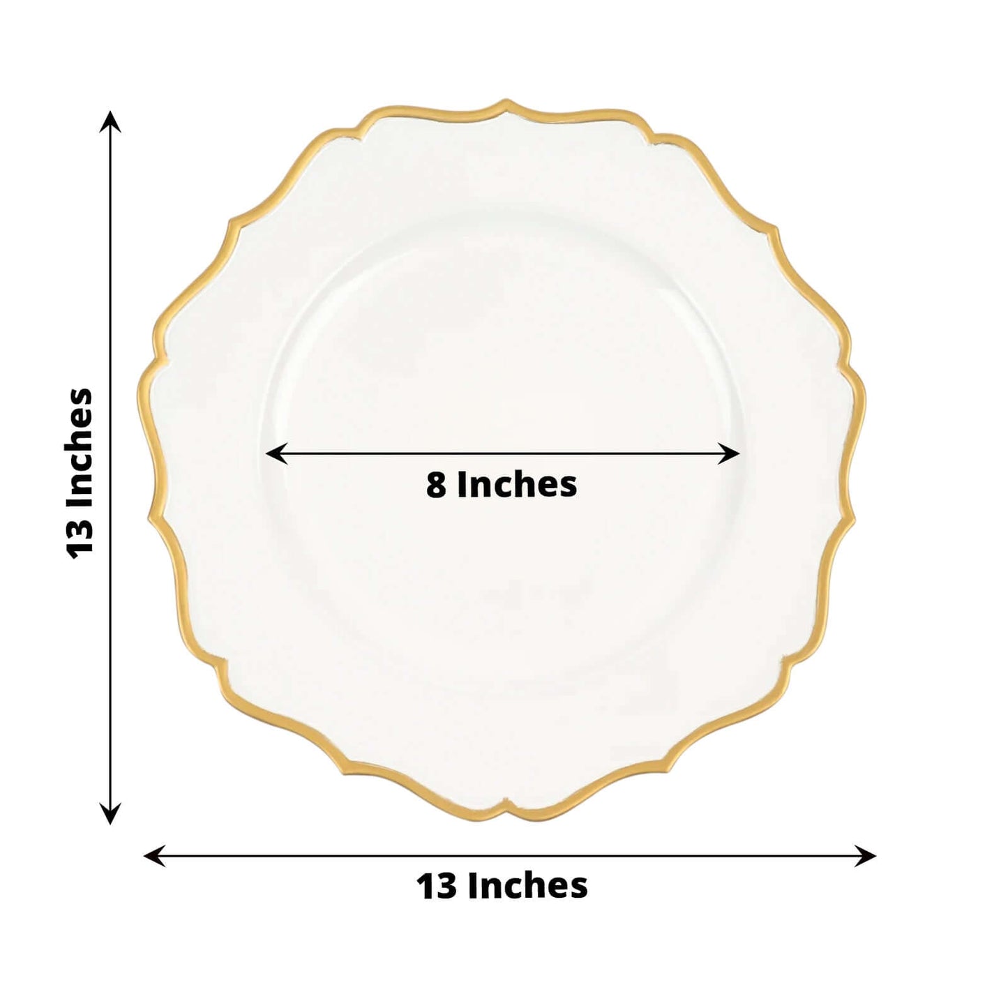6-Pack Acrylic Round Charger Plates 13" in White with Gold Scalloped Rim, Decorative Dinner Party Plastic Charger Tableware