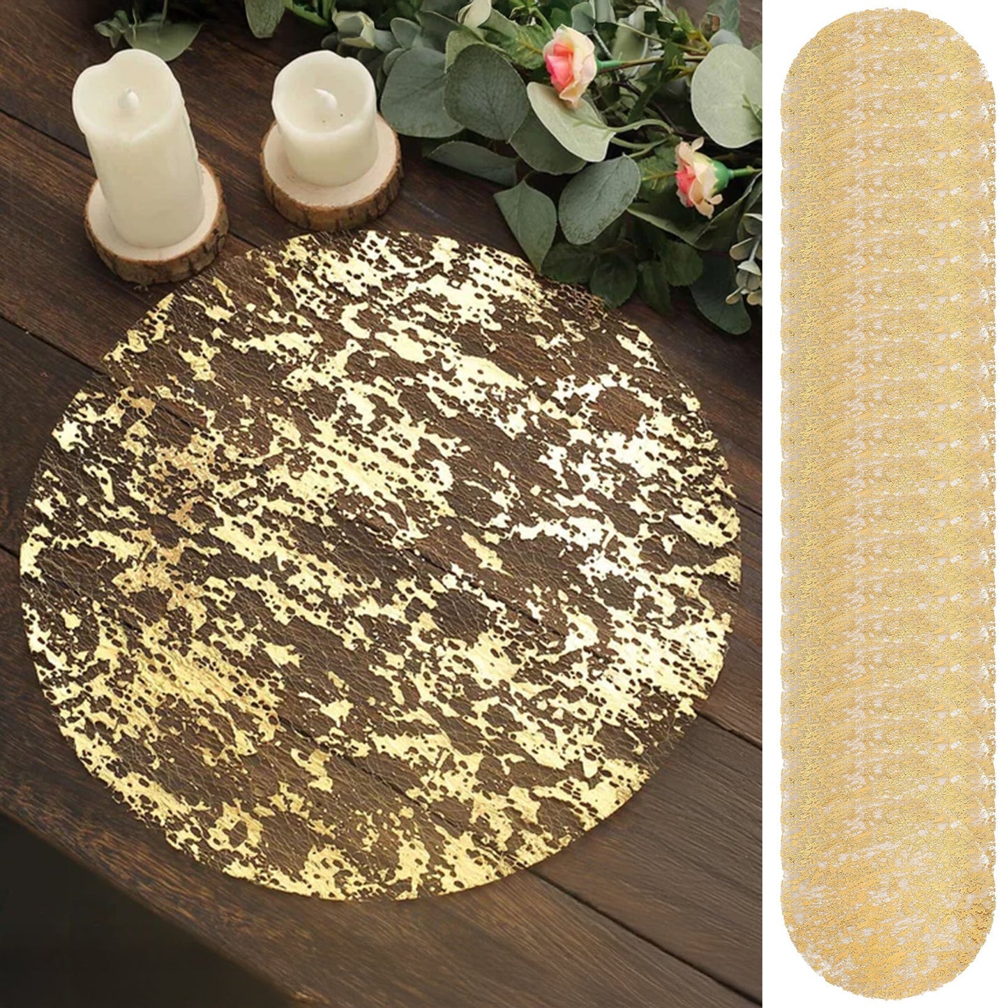 50-Pack Table Placemats Foil Design Metallic Gold Round - Mesh Disposable Shiny Dining Mats 13"