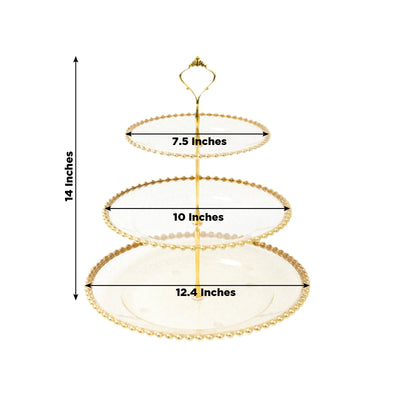 14’’ Clear Gold Glittered 3-Tier Plastic Dessert Display Stand With Gold Beaded Rim Round Cupcake Tower Tea Party