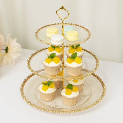 14’’ Clear Gold Glittered 3-Tier Plastic Dessert Display Stand With Gold Beaded Rim Round Cupcake Tower Tea Party