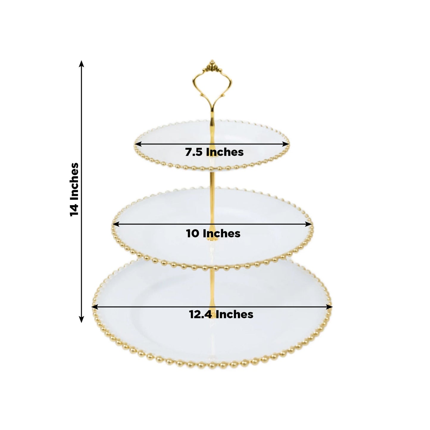 14" White 3-Tier Plastic Dessert Display Stand With Gold Beaded Rim, Round Cupcake Tower Tea Party Serving Platter With Top Handle