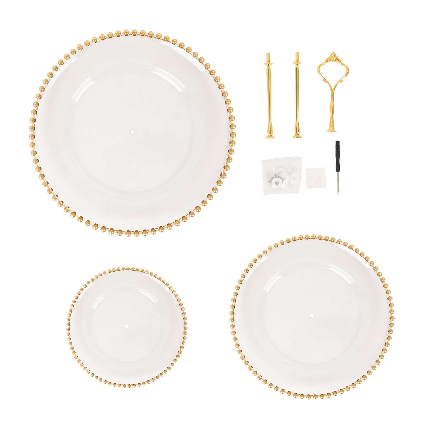 3-Tier Plastic Round Cupcake Tower Stand Clear - Versatile Dessert Display Tea Party Serving Platter with Gold Beaded Rim & Top Handle 14"