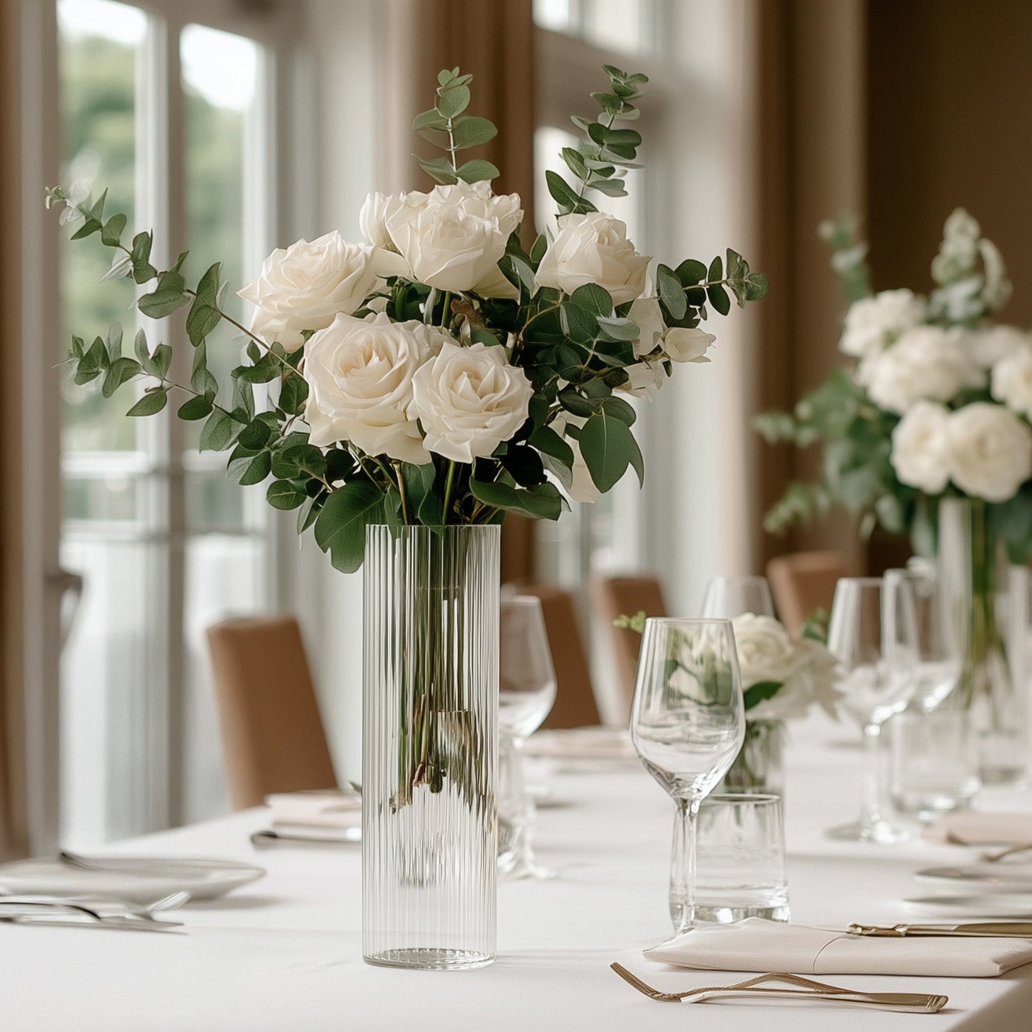 14’’ Ribbed Cylinder Glass Vases 6-Pack â€“ Tall Clear Decorative Vases for Dining Tables Mantels & Modern Interiors