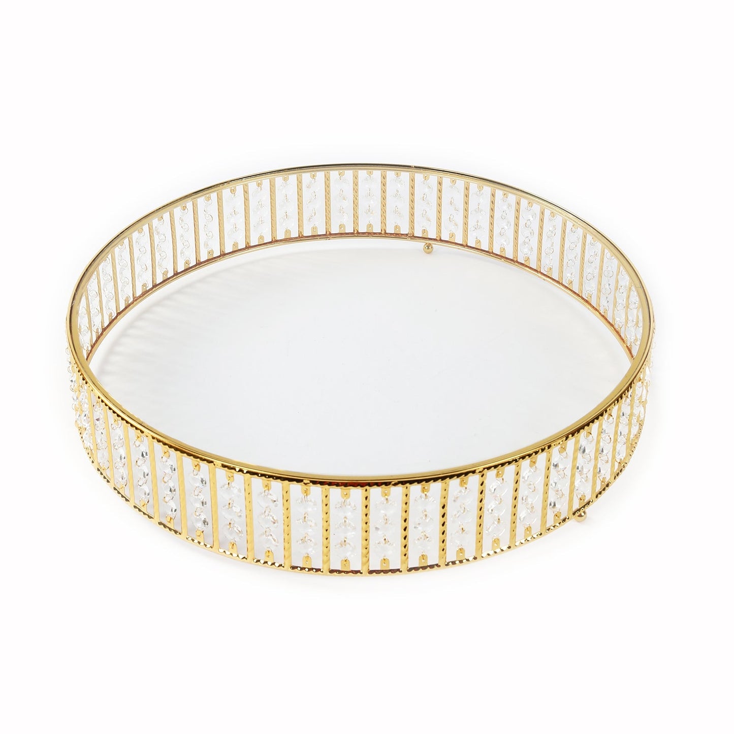14’’ Round Gold Cake Stand with Hanging Crystal Beads and Glass Top â€“ Metal Dessert Display Tray - Cake Stands