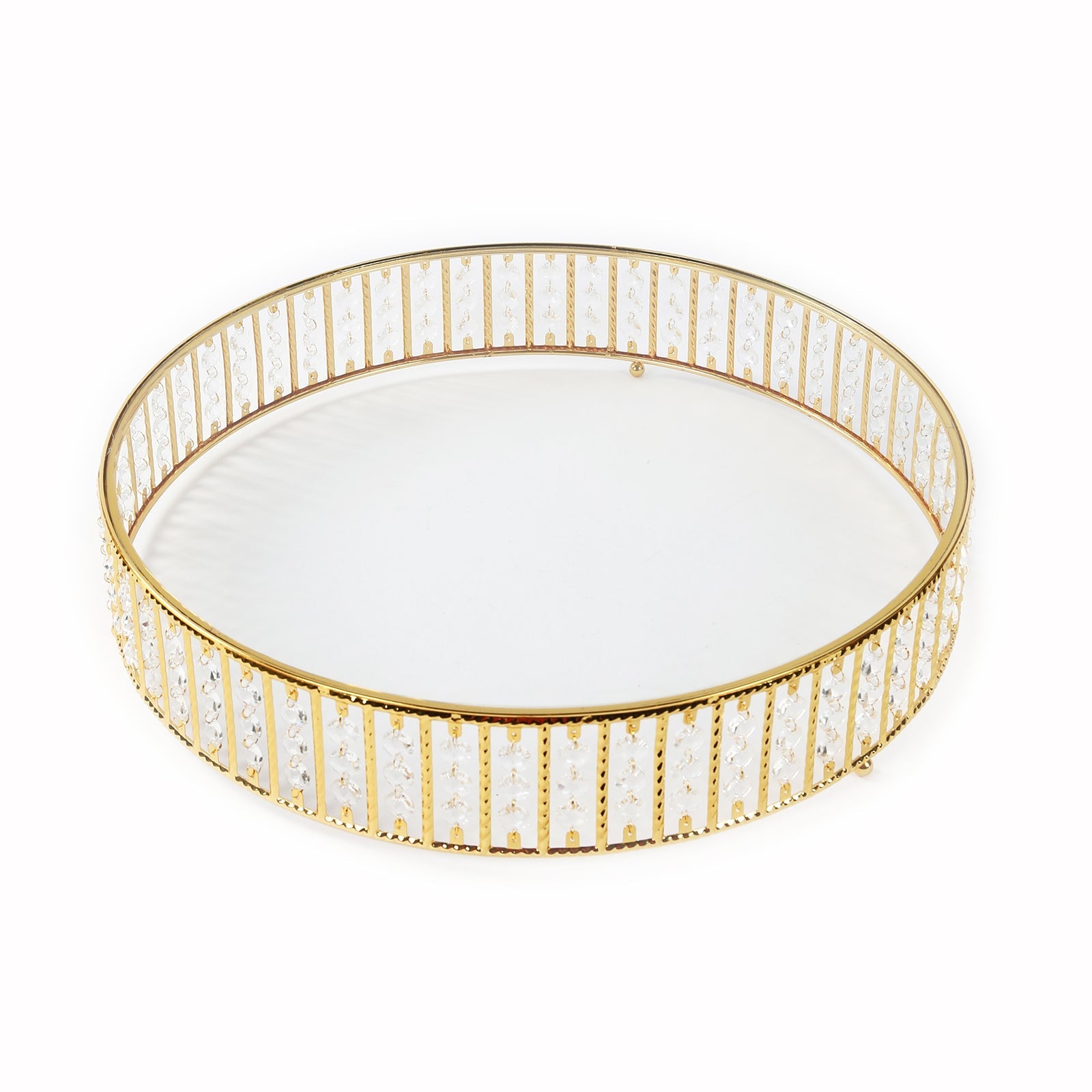 14’’ Round Gold Cake Stand with Hanging Crystal Beads and Glass Top â€“ Metal Dessert Display Tray - Cake Stands