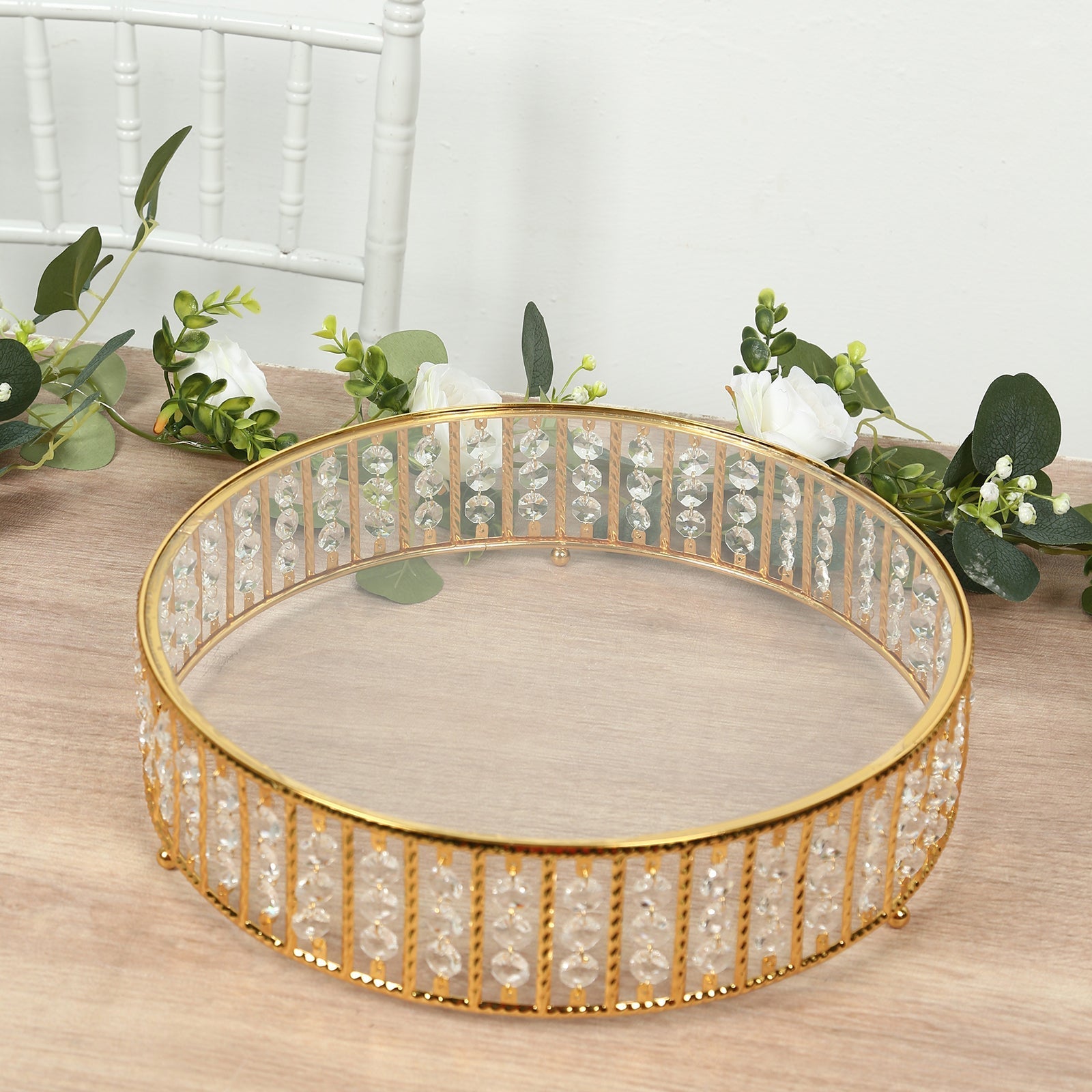 14’’ Round Gold Cake Stand with Hanging Crystal Beads and Glass Top â€“ Metal Dessert Display Tray - Cake Stands