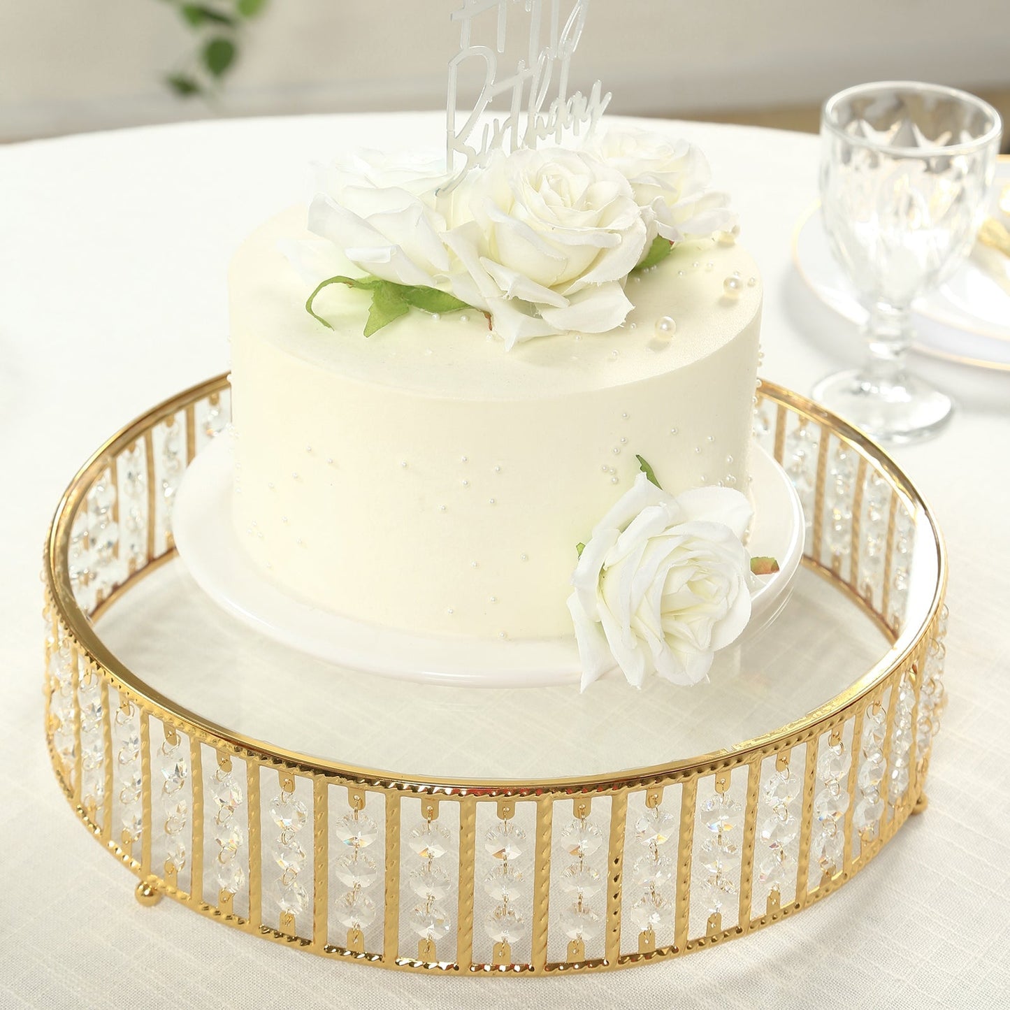 14’’ Round Gold Cake Stand with Hanging Crystal Beads and Glass Top â€“ Metal Dessert Display Tray - Cake Stands