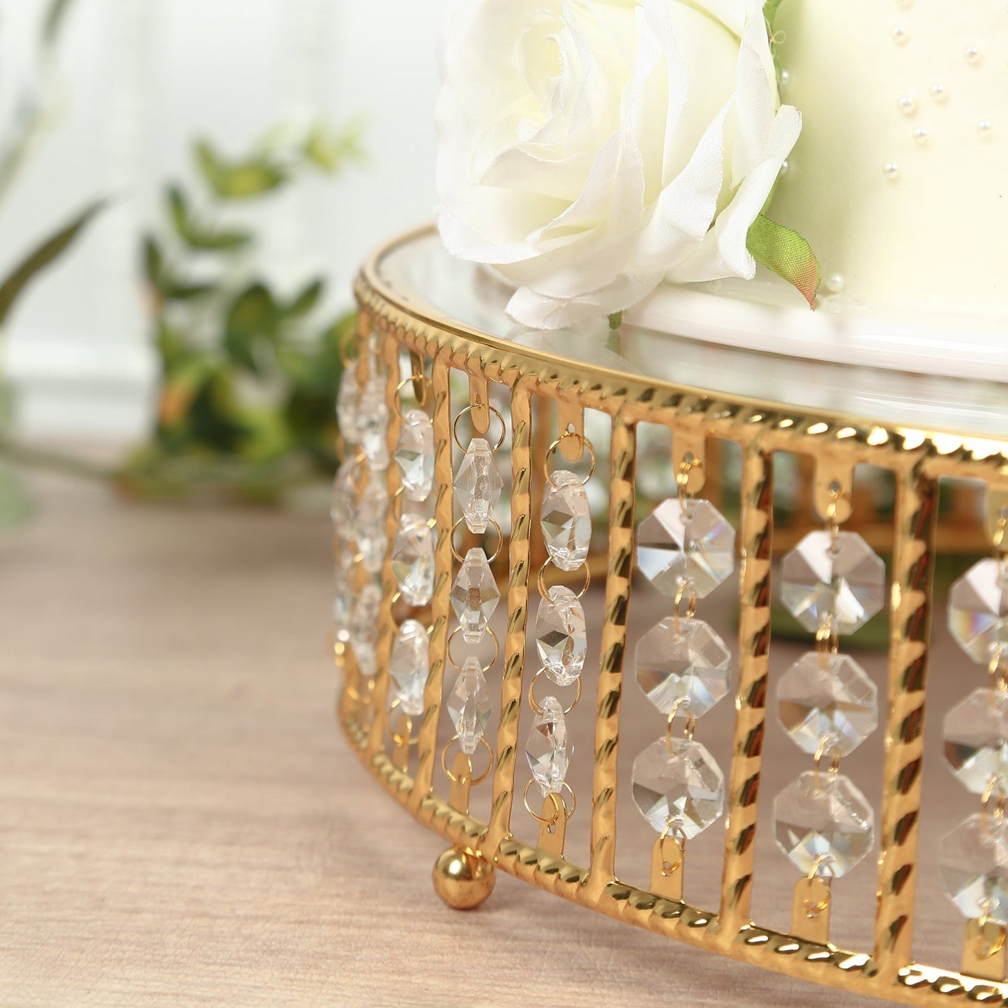 14’’ Round Gold Cake Stand with Hanging Crystal Beads and Glass Top â€“ Metal Dessert Display Tray - Cake Stands
