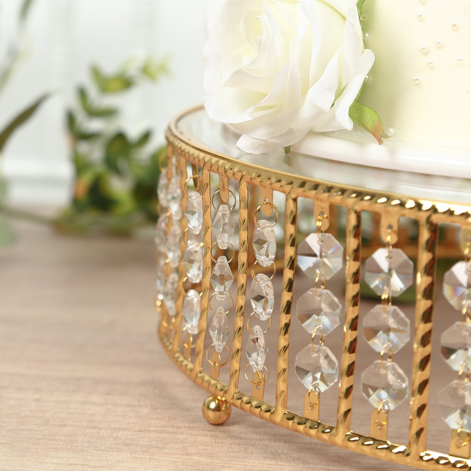 14’’ Round Gold Cake Stand with Hanging Crystal Beads and Glass Top â€“ Metal Dessert Display Tray - Cake Stands
