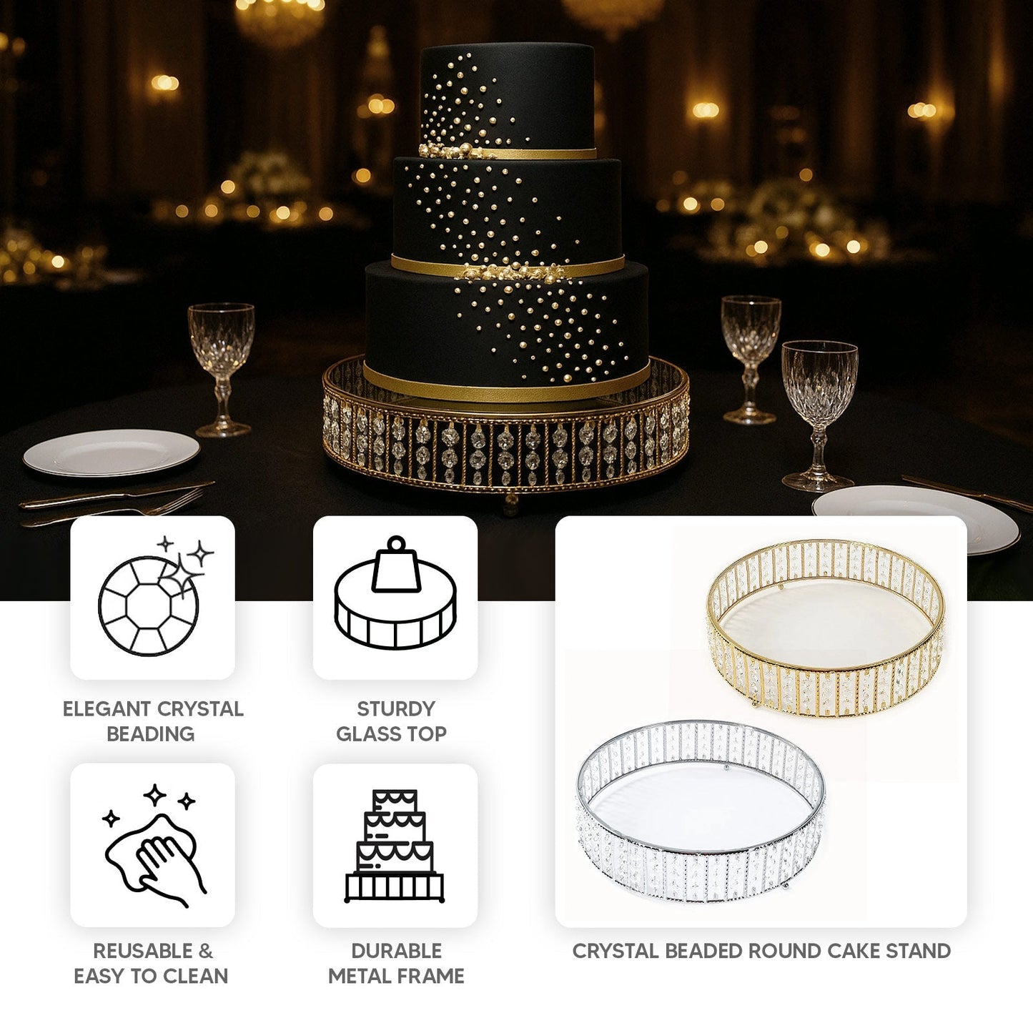 14’’ Round Gold Cake Stand with Hanging Crystal Beads and Glass Top â€“ Metal Dessert Display Tray - Cake Stands