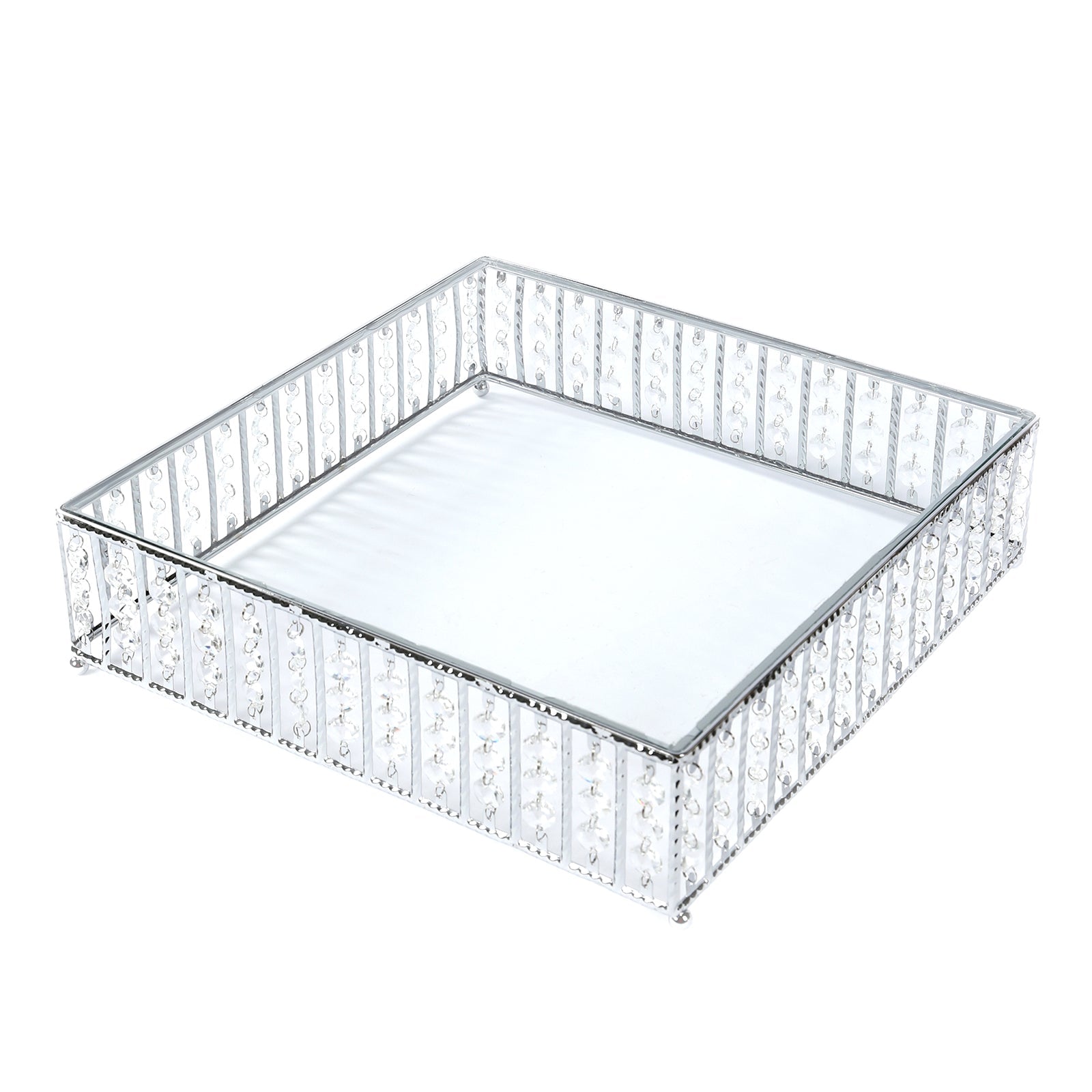 14’’ Square Silver Cake Stand with Hanging Crystal Beads and Glass Top â€“ Metal Dessert Display Tray - Cake Stands