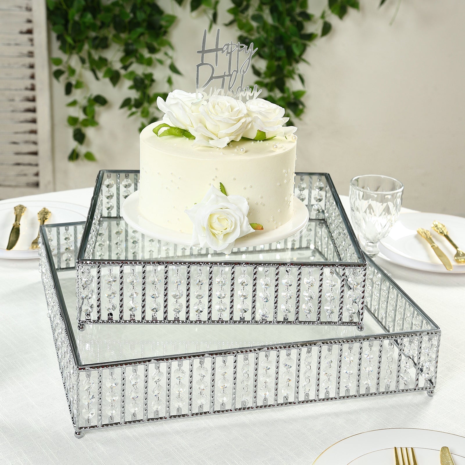 14’’ Square Silver Cake Stand with Hanging Crystal Beads and Glass Top â€“ Metal Dessert Display Tray - Cake Stands