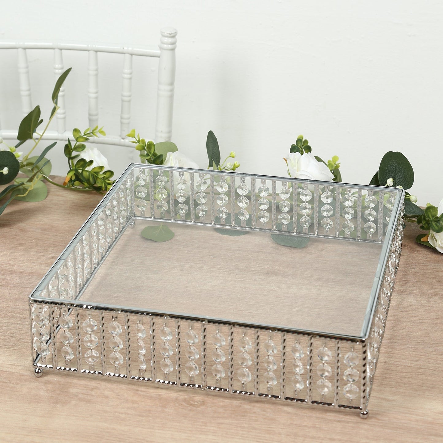 14’’ Square Silver Cake Stand with Hanging Crystal Beads and Glass Top â€“ Metal Dessert Display Tray - Cake Stands
