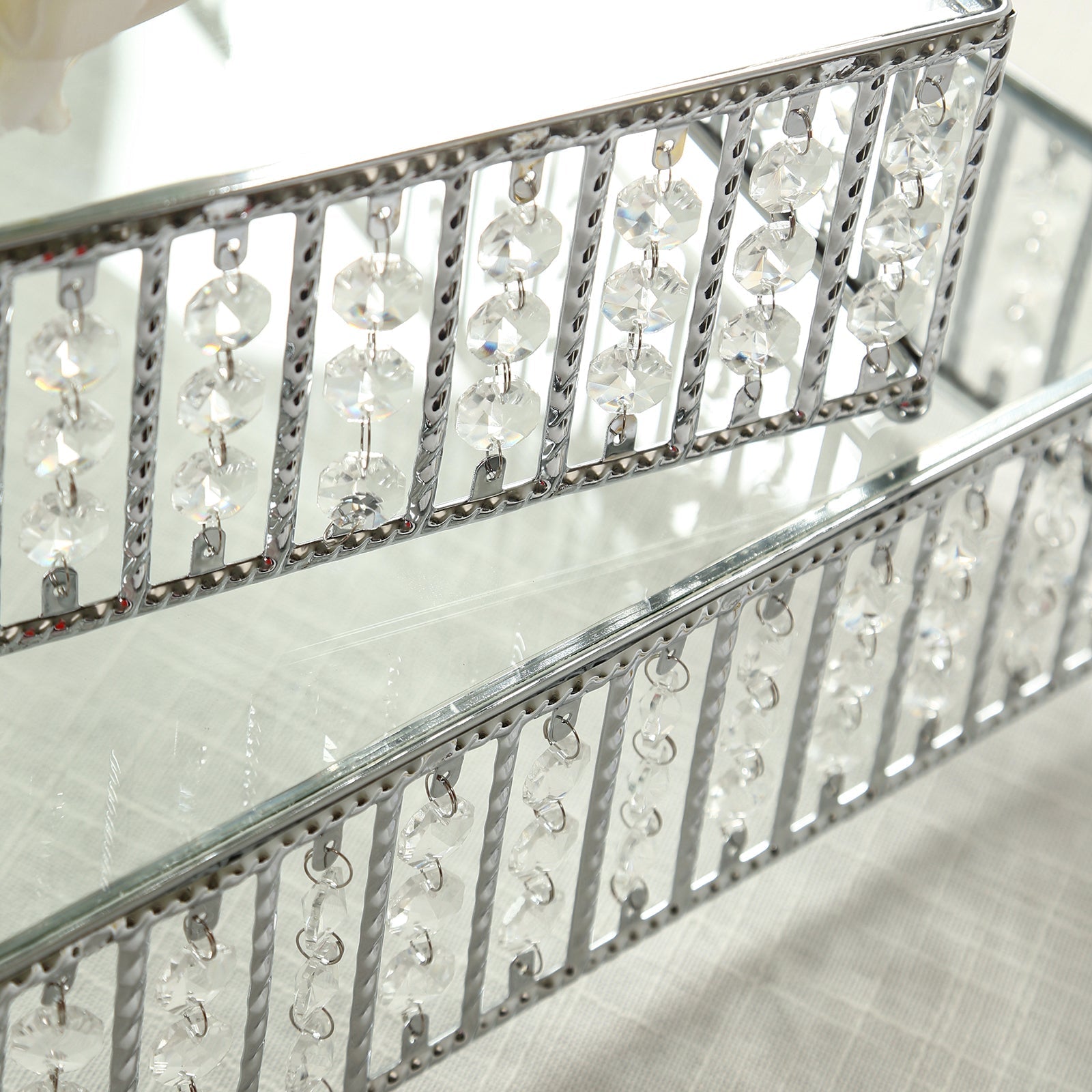 14’’ Square Silver Cake Stand with Hanging Crystal Beads and Glass Top â€“ Metal Dessert Display Tray - Cake Stands