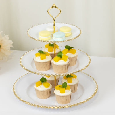 14’’ White 3-Tier Plastic Dessert Display Stand With Gold Beaded Rim Round Cupcake Tower Tea Party Serving Platter