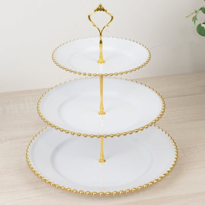 14’’ White 3-Tier Plastic Dessert Display Stand With Gold Beaded Rim Round Cupcake Tower Tea Party Serving Platter